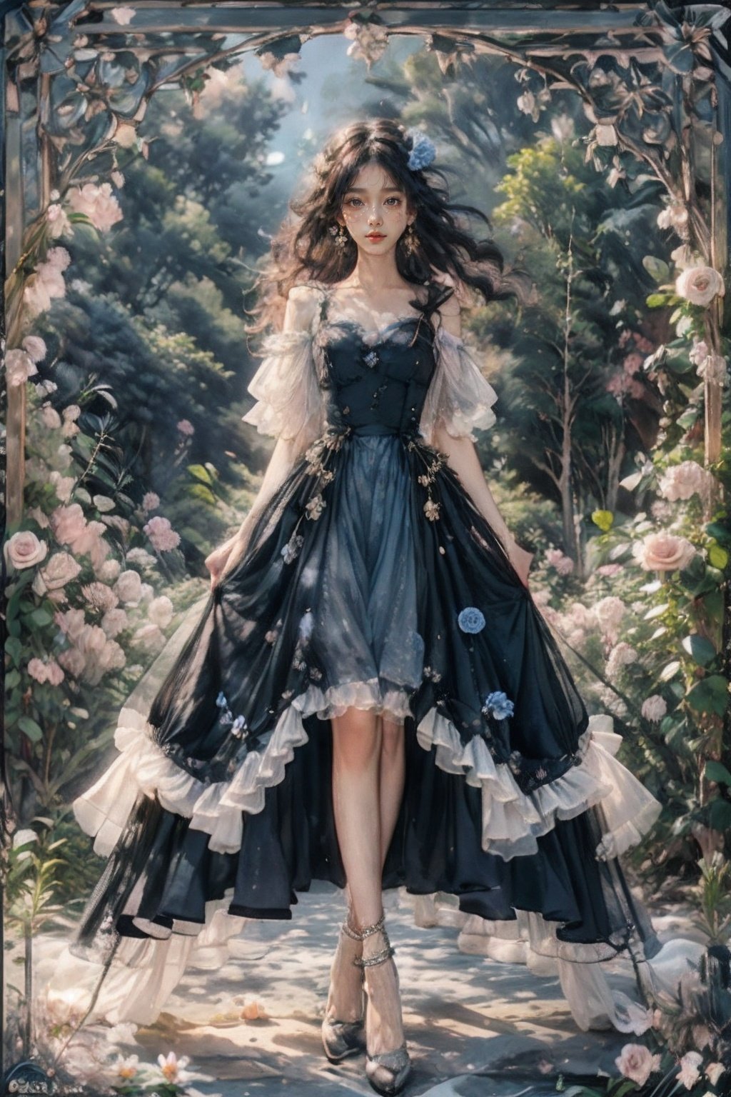 1girl,flower,(atmospheric),high strappy shoes,black dress,crystal,gem,solo,(lying),(coffin),Ethereal and muted color palette with a focus on black and gold,(masterpiece),(best quality),(make up),blush,earring,heart,<lora:coffin棺:0.66>,<lora:星:0.38>,(photorealistic:1.4),bai(\yang)\,chibi,(flower),hair ornament,melancholy,Moody,fine details,cinematic composition,soft lighting,nostalgic,evocative,hazy atmosphere,a sense of solitude,dreamlike atmosphere,melancholic,in_coffin,melancholy,nostalgic,solitude,elegance and sophistication,introspective composition,vintage elements,(blue roses:1.2),ridiculous fantasies,detailed textures,evocative composition,(flower field:1.2),<lora:Detail Tweaker LoRA（细节调整LoRA）:0.35>,<lora:behisheroinev2:0.08>,legs,slim legs,(full body:1.1),(be his heroine:0.3),<lora:WarmLight暖光:0.4>,<lora:Mysterious signs 神秘符號:0.15>,<lora:肉色吊带袜油光版:0.55>,high heels,focus on the character's face,pretty face,PERFECT FACE,perfect hand,golden light,wonderful light,<lora:光影玫瑰_v1.0:0.2>,<lora:花碎花:0.3>,<lora:add_detail加细节:0.4>,<lora:FlowerGarden:0.2>,<lora:Flowers花_Flowersv2.0:0.3>,<lora:水质感滤镜Water Princess:0.3>,<lora:繁星若梦 Starry Dreams:0.5>,(suspenders),