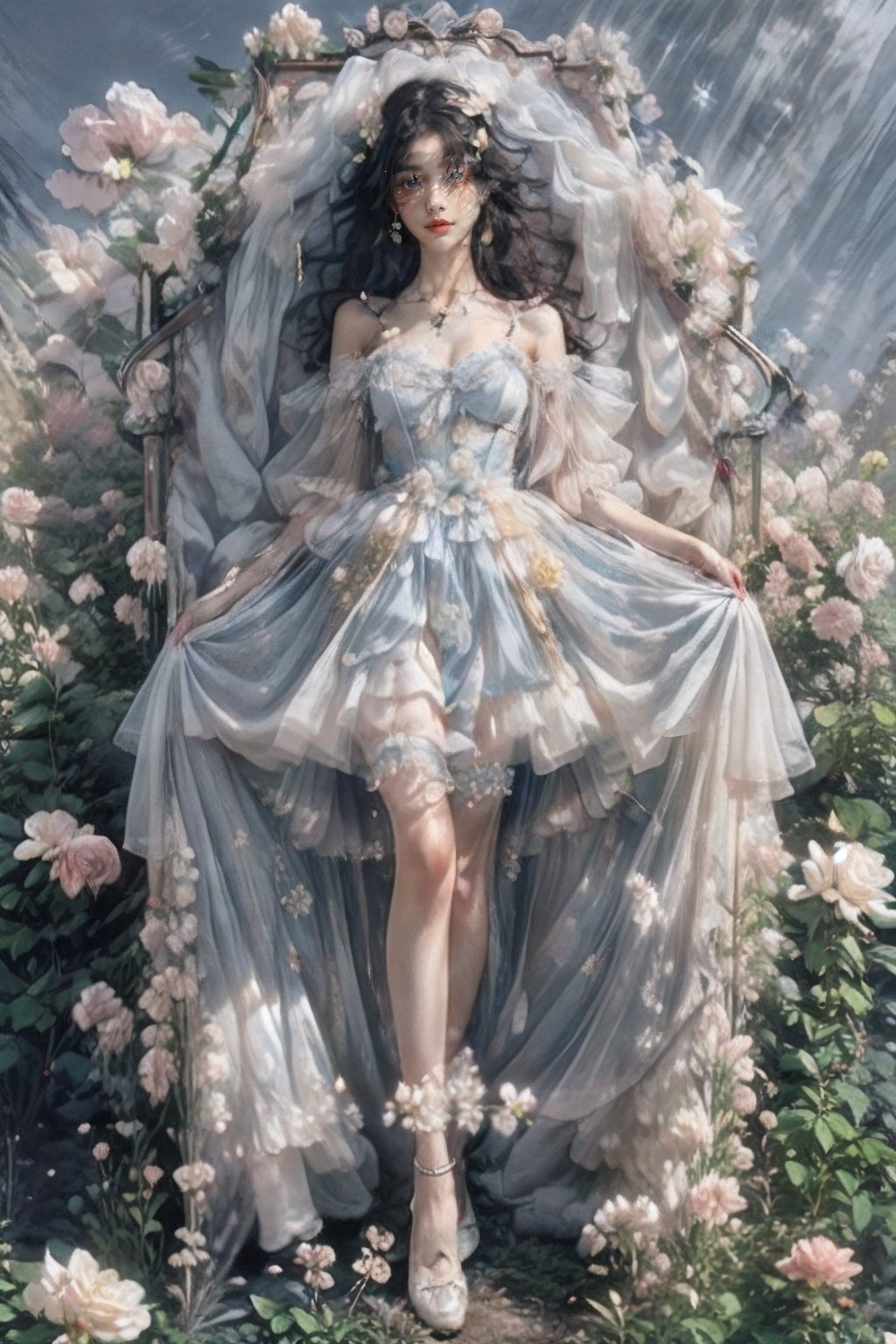 1girl,flower,(atmospheric),high strappy shoes,crystal,gem,solo,(lying),(coffin),Ethereal and muted color palette with a focus on black and gold,(masterpiece),(best quality),(make up),blush,earring,heart,<lora:coffin棺:0.66>,<lora:星:0.38>,<lora:肉色吊带袜油光版:0.55>,(photorealistic:1.4),(flower),hair ornament,melancholy,Moody,fine details,cinematic composition,soft lighting,nostalgic,evocative,hazy atmosphere,a sense of solitude,dreamlike atmosphere,melancholic,in_coffin,melancholy,nostalgic,solitude,elegance and sophistication,introspective composition,vintage elements,(blue roses:1.2),ridiculous fantasies,detailed textures,evocative composition,(flower field:1.2),<lora:Detail Tweaker LoRA（细节调整LoRA）:0.35>,<lora:behisheroinev2:0.08>,white footwearblurry,legs,slim legs,(full body:1.1),(be his heroine:0.4),<lora:WarmLight暖光:0.4>,high heels,focus on the character's face,pretty face,PERFECT FACE,perfect hand,golden light,wonderful light,<lora:光影玫瑰_v1.0:0.2>,<lora:花碎花:0.3>,<lora:add_detail加细节:0.4>,<lora:FlowerGarden:0.2>,<lora:Flowers花_Flowersv2.0:0.3>,<lora:水质感滤镜Water Princess:0.2>,<lora:繁星若梦 Starry Dreams:0.4>,suspenders,silk stockings,<lora:网红气质仙女裙Net red temperament fairy skirt:0.2>,<lora:Mysterious signs 神秘符號:0.2>,jewelry,