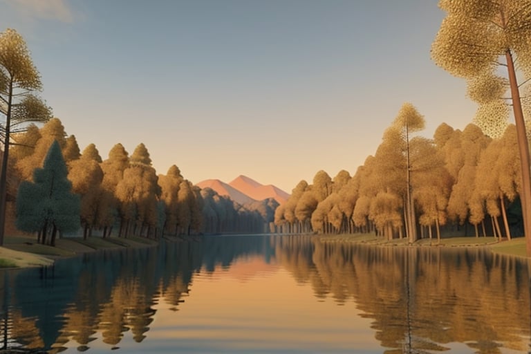 a calm lake, golden hour, ultra details, best quality, 32k
