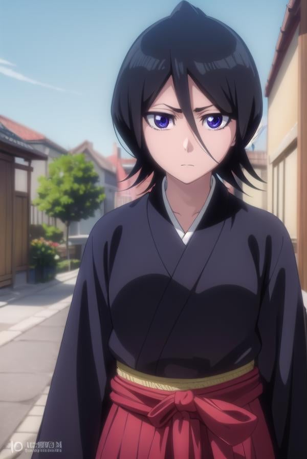 rukiakuchiki, <lora:rukiakuchiki-lora-nochekaiser:1>,rukia kuchiki, default rukia, black hair, hair between eyes, (purple eyes:1.1),BREAK weapon, japanese clothes, sword, kimono, katana, sheath, hakama, black kimono, long sleeves, wide sleeves,BREAK outdoors, cityBREAK looking at viewer, (cowboy shot:1.5),BREAK <lyco:GoodHands-beta2:1>, (masterpiece:1.2), best quality, high resolution, unity 8k wallpaper, (illustration:0.8), (beautiful detailed eyes:1.6), extremely detailed face, perfect lighting, extremely detailed CG, (perfect hands, perfect anatomy),