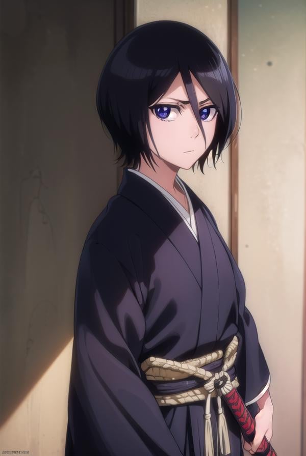 rukiakuchiki, <lora:rukiakuchiki-lora-nochekaiser:1>,rukia kuchiki, shorthair rukia, short hair, black hair, hair between eyes, (purple eyes:1.1),BREAK weapon, japanese clothes, sword, kimono, katana, sheath, hakama, black kimono, long sleeves, wide sleeves,BREAK outdoors, cityBREAK looking at viewer, (cowboy shot:1.5),BREAK <lyco:GoodHands-beta2:1>, (masterpiece:1.2), best quality, high resolution, unity 8k wallpaper, (illustration:0.8), (beautiful detailed eyes:1.6), extremely detailed face, perfect lighting, extremely detailed CG, (perfect hands, perfect anatomy),