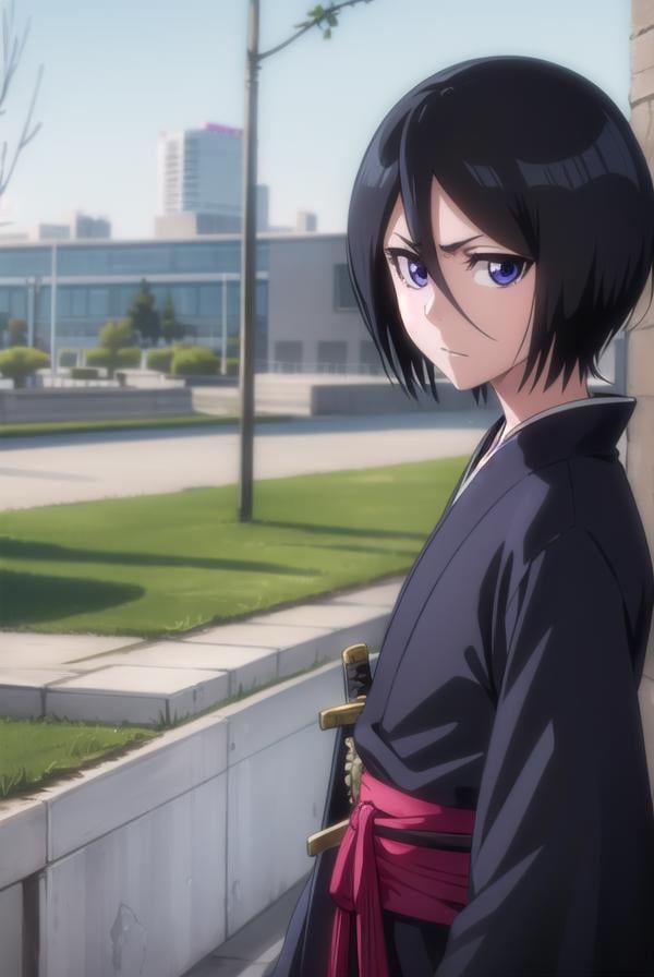 rukiakuchiki, <lora:rukiakuchiki-lora-nochekaiser:1>,rukia kuchiki, shorthair rukia, short hair, black hair, hair between eyes, (purple eyes:1.1),BREAK weapon, japanese clothes, sword, kimono, katana, sheath, hakama, black kimono, long sleeves, wide sleeves,BREAK outdoors, cityBREAK looking at viewer, (cowboy shot:1.5),BREAK <lyco:GoodHands-beta2:1>, (masterpiece:1.2), best quality, high resolution, unity 8k wallpaper, (illustration:0.8), (beautiful detailed eyes:1.6), extremely detailed face, perfect lighting, extremely detailed CG, (perfect hands, perfect anatomy),