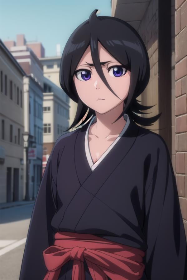 rukiakuchiki, <lora:rukiakuchiki-lora-nochekaiser:1>,rukia kuchiki, default rukia, black hair, hair between eyes, (purple eyes:1.1),BREAK weapon, japanese clothes, sword, kimono, katana, sheath, hakama, black kimono, long sleeves, wide sleeves,BREAK outdoors, cityBREAK looking at viewer, (cowboy shot:1.5),BREAK <lyco:GoodHands-beta2:1>, (masterpiece:1.2), best quality, high resolution, unity 8k wallpaper, (illustration:0.8), (beautiful detailed eyes:1.6), extremely detailed face, perfect lighting, extremely detailed CG, (perfect hands, perfect anatomy),