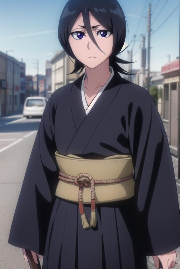 rukiakuchiki, <lora:rukiakuchiki-lora-nochekaiser:1>,rukia kuchiki, default rukia, black hair, hair between eyes, (purple eyes:1.1),BREAK weapon, japanese clothes, sword, kimono, katana, sheath, hakama, black kimono, long sleeves, wide sleeves,BREAK outdoors, cityBREAK looking at viewer, (cowboy shot:1.5),BREAK <lyco:GoodHands-beta2:1>, (masterpiece:1.2), best quality, high resolution, unity 8k wallpaper, (illustration:0.8), (beautiful detailed eyes:1.6), extremely detailed face, perfect lighting, extremely detailed CG, (perfect hands, perfect anatomy),