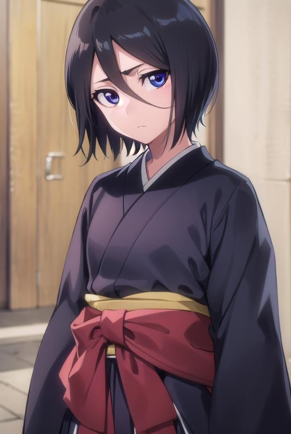 rukiakuchiki, <lora:rukiakuchiki-lora-nochekaiser:1>,rukia kuchiki, shorthair rukia, short hair, black hair, hair between eyes, (purple eyes:1.1),BREAK weapon, japanese clothes, sword, kimono, katana, sheath, hakama, black kimono, long sleeves, wide sleeves,BREAK outdoors, cityBREAK looking at viewer, (cowboy shot:1.5),BREAK <lyco:GoodHands-beta2:1>, (masterpiece:1.2), best quality, high resolution, unity 8k wallpaper, (illustration:0.8), (beautiful detailed eyes:1.6), extremely detailed face, perfect lighting, extremely detailed CG, (perfect hands, perfect anatomy),