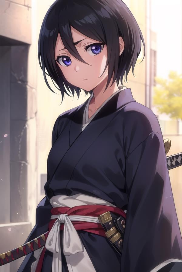 rukiakuchiki, <lora:rukiakuchiki-lora-nochekaiser:1>,rukia kuchiki, shorthair rukia, short hair, black hair, hair between eyes, (purple eyes:1.1),BREAK weapon, japanese clothes, sword, kimono, katana, sheath, hakama, black kimono, long sleeves, wide sleeves,BREAK outdoors, cityBREAK looking at viewer, (cowboy shot:1.5),BREAK <lyco:GoodHands-beta2:1>, (masterpiece:1.2), best quality, high resolution, unity 8k wallpaper, (illustration:0.8), (beautiful detailed eyes:1.6), extremely detailed face, perfect lighting, extremely detailed CG, (perfect hands, perfect anatomy),