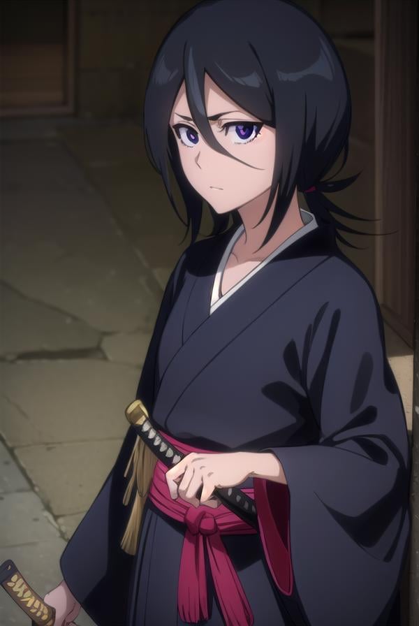 rukiakuchiki, <lora:rukiakuchiki-lora-nochekaiser:1>,rukia kuchiki, default rukia, black hair, hair between eyes, (purple eyes:1.1),BREAK weapon, japanese clothes, sword, kimono, katana, sheath, hakama, black kimono, long sleeves, wide sleeves,BREAK outdoors, cityBREAK looking at viewer, (cowboy shot:1.5),BREAK <lyco:GoodHands-beta2:1>, (masterpiece:1.2), best quality, high resolution, unity 8k wallpaper, (illustration:0.8), (beautiful detailed eyes:1.6), extremely detailed face, perfect lighting, extremely detailed CG, (perfect hands, perfect anatomy),