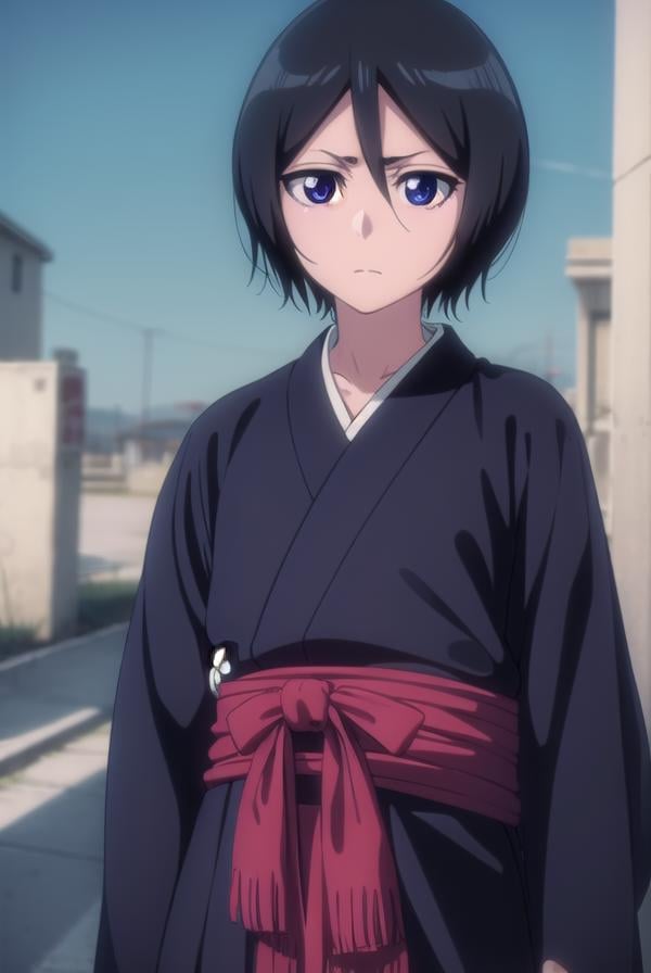 rukiakuchiki, <lora:rukiakuchiki-lora-nochekaiser:1>,rukia kuchiki, shorthair rukia, short hair, black hair, hair between eyes, (purple eyes:1.1),BREAK weapon, japanese clothes, sword, kimono, katana, sheath, hakama, black kimono, long sleeves, wide sleeves,BREAK outdoors, cityBREAK looking at viewer, (cowboy shot:1.5),BREAK <lyco:GoodHands-beta2:1>, (masterpiece:1.2), best quality, high resolution, unity 8k wallpaper, (illustration:0.8), (beautiful detailed eyes:1.6), extremely detailed face, perfect lighting, extremely detailed CG, (perfect hands, perfect anatomy),