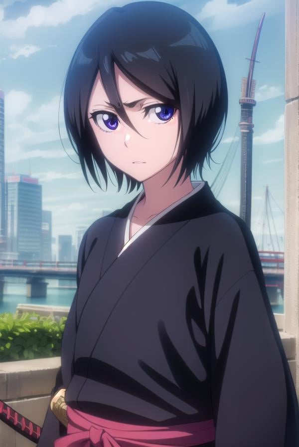 rukiakuchiki, <lora:rukiakuchiki-lora-nochekaiser:1>,rukia kuchiki, shorthair rukia, short hair, black hair, hair between eyes, (purple eyes:1.1),BREAK weapon, japanese clothes, sword, kimono, katana, sheath, hakama, black kimono, long sleeves, wide sleeves,BREAK outdoors, cityBREAK looking at viewer, (cowboy shot:1.5),BREAK <lyco:GoodHands-beta2:1>, (masterpiece:1.2), best quality, high resolution, unity 8k wallpaper, (illustration:0.8), (beautiful detailed eyes:1.6), extremely detailed face, perfect lighting, extremely detailed CG, (perfect hands, perfect anatomy),