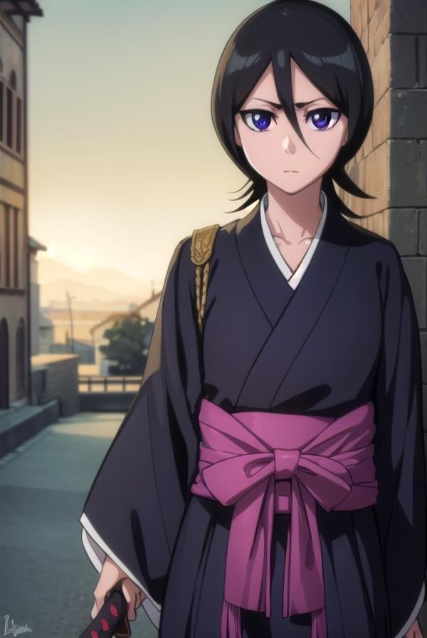 rukiakuchiki, <lora:rukiakuchiki-lora-nochekaiser:1>,rukia kuchiki, default rukia, black hair, hair between eyes, (purple eyes:1.1),BREAK weapon, japanese clothes, sword, kimono, katana, sheath, hakama, black kimono, long sleeves, wide sleeves,BREAK outdoors, cityBREAK looking at viewer, (cowboy shot:1.5),BREAK <lyco:GoodHands-beta2:1>, (masterpiece:1.2), best quality, high resolution, unity 8k wallpaper, (illustration:0.8), (beautiful detailed eyes:1.6), extremely detailed face, perfect lighting, extremely detailed CG, (perfect hands, perfect anatomy),