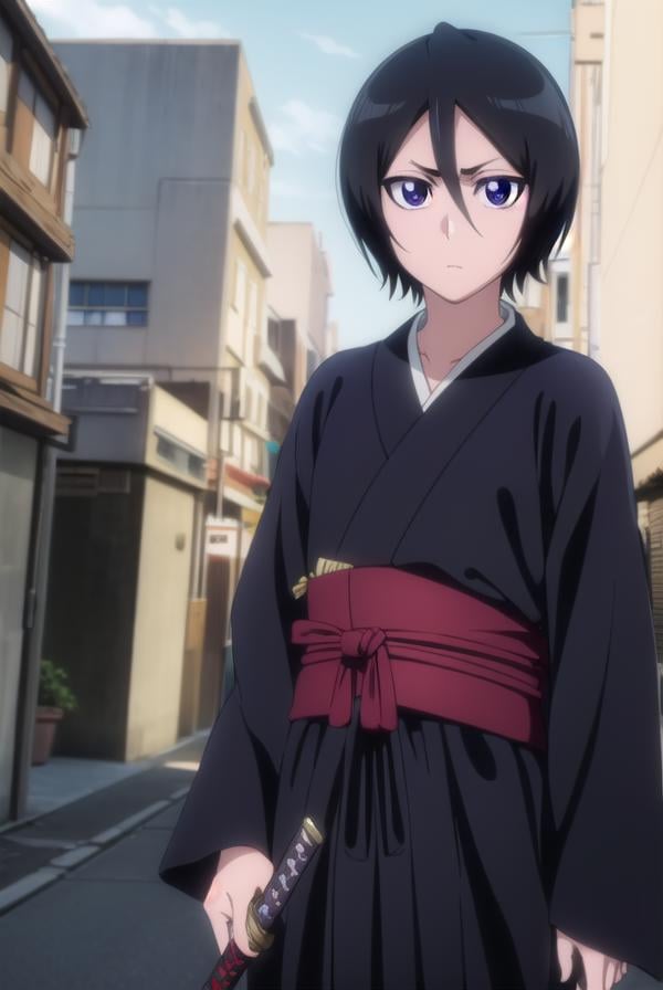 rukiakuchiki, <lora:rukiakuchiki-lora-nochekaiser:1>,rukia kuchiki, shorthair rukia, short hair, black hair, hair between eyes, (purple eyes:1.1),BREAK weapon, japanese clothes, sword, kimono, katana, sheath, hakama, black kimono, long sleeves, wide sleeves,BREAK outdoors, cityBREAK looking at viewer, (cowboy shot:1.5),BREAK <lyco:GoodHands-beta2:1>, (masterpiece:1.2), best quality, high resolution, unity 8k wallpaper, (illustration:0.8), (beautiful detailed eyes:1.6), extremely detailed face, perfect lighting, extremely detailed CG, (perfect hands, perfect anatomy),