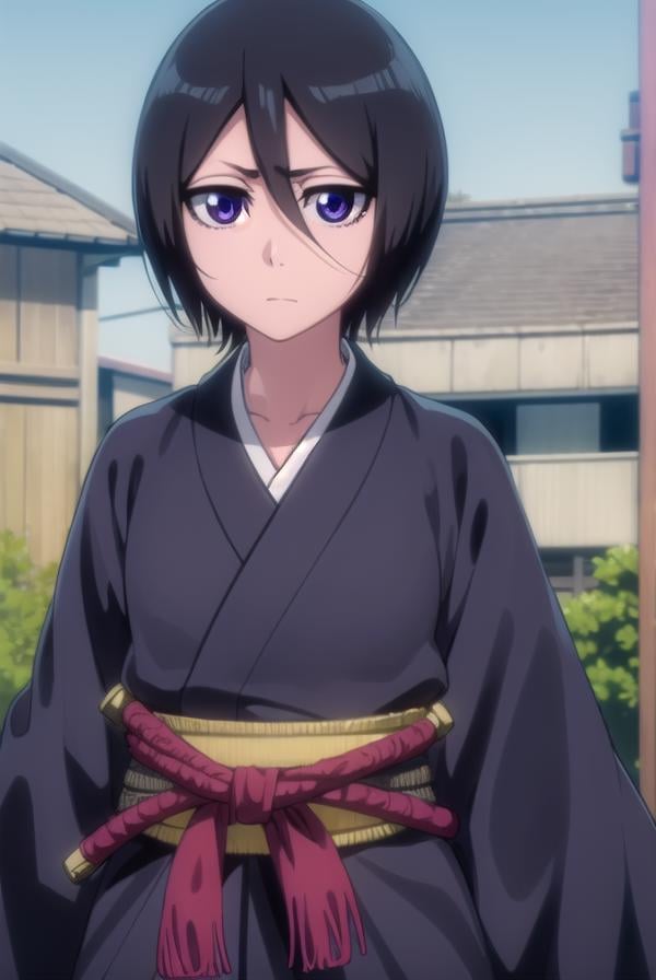 rukiakuchiki, <lora:rukiakuchiki-lora-nochekaiser:1>,rukia kuchiki, shorthair rukia, short hair, black hair, hair between eyes, (purple eyes:1.1),BREAK weapon, japanese clothes, sword, kimono, katana, sheath, hakama, black kimono, long sleeves, wide sleeves,BREAK outdoors, cityBREAK looking at viewer, (cowboy shot:1.5),BREAK <lyco:GoodHands-beta2:1>, (masterpiece:1.2), best quality, high resolution, unity 8k wallpaper, (illustration:0.8), (beautiful detailed eyes:1.6), extremely detailed face, perfect lighting, extremely detailed CG, (perfect hands, perfect anatomy),