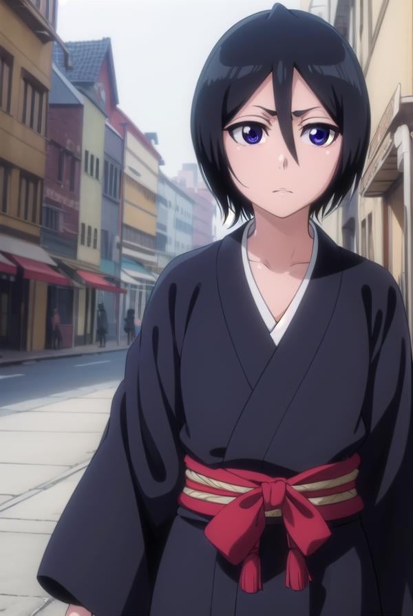 rukiakuchiki, <lora:rukiakuchiki-lora-nochekaiser:1>,rukia kuchiki, shorthair rukia, short hair, black hair, hair between eyes, (purple eyes:1.1),BREAK weapon, japanese clothes, sword, kimono, katana, sheath, hakama, black kimono, long sleeves, wide sleeves,BREAK outdoors, cityBREAK looking at viewer, (cowboy shot:1.5),BREAK <lyco:GoodHands-beta2:1>, (masterpiece:1.2), best quality, high resolution, unity 8k wallpaper, (illustration:0.8), (beautiful detailed eyes:1.6), extremely detailed face, perfect lighting, extremely detailed CG, (perfect hands, perfect anatomy),