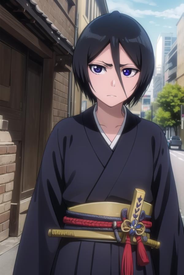 rukiakuchiki, <lora:rukiakuchiki-lora-nochekaiser:1>,rukia kuchiki, shorthair rukia, short hair, black hair, hair between eyes, (purple eyes:1.1),BREAK weapon, japanese clothes, sword, kimono, katana, sheath, hakama, black kimono, long sleeves, wide sleeves,BREAK outdoors, cityBREAK looking at viewer, (cowboy shot:1.5),BREAK <lyco:GoodHands-beta2:1>, (masterpiece:1.2), best quality, high resolution, unity 8k wallpaper, (illustration:0.8), (beautiful detailed eyes:1.6), extremely detailed face, perfect lighting, extremely detailed CG, (perfect hands, perfect anatomy),