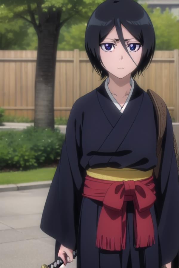 rukiakuchiki, <lora:rukiakuchiki-lora-nochekaiser:1>,rukia kuchiki, shorthair rukia, short hair, black hair, hair between eyes, (purple eyes:1.1),BREAK weapon, japanese clothes, sword, kimono, katana, sheath, hakama, black kimono, long sleeves, wide sleeves,BREAK outdoors, cityBREAK looking at viewer, (cowboy shot:1.5),BREAK <lyco:GoodHands-beta2:1>, (masterpiece:1.2), best quality, high resolution, unity 8k wallpaper, (illustration:0.8), (beautiful detailed eyes:1.6), extremely detailed face, perfect lighting, extremely detailed CG, (perfect hands, perfect anatomy),