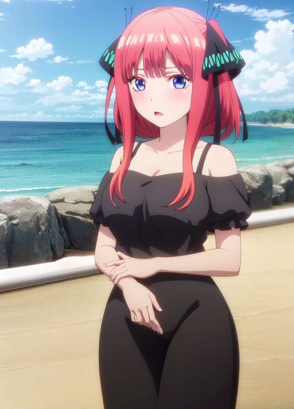 1 girl, nino, nino nakano, tall, adult, mature, season1, red hair, long hair, butterfly hair ornament, hands on waist, (black bra:1.2), black panties, nsfw, lewd, sexy attire, revealing clothes, looking at viewer, beach background, sky, anime screencap, anime coloring, very colorful, 8k masterpiece, blue eyes, standing, (waifu, anime, exceptional, best aesthetic, new, newest, best quality, masterpiece, extremely detailed:1.2),, masterpiece, best quality,<lora:Quints-50:1>