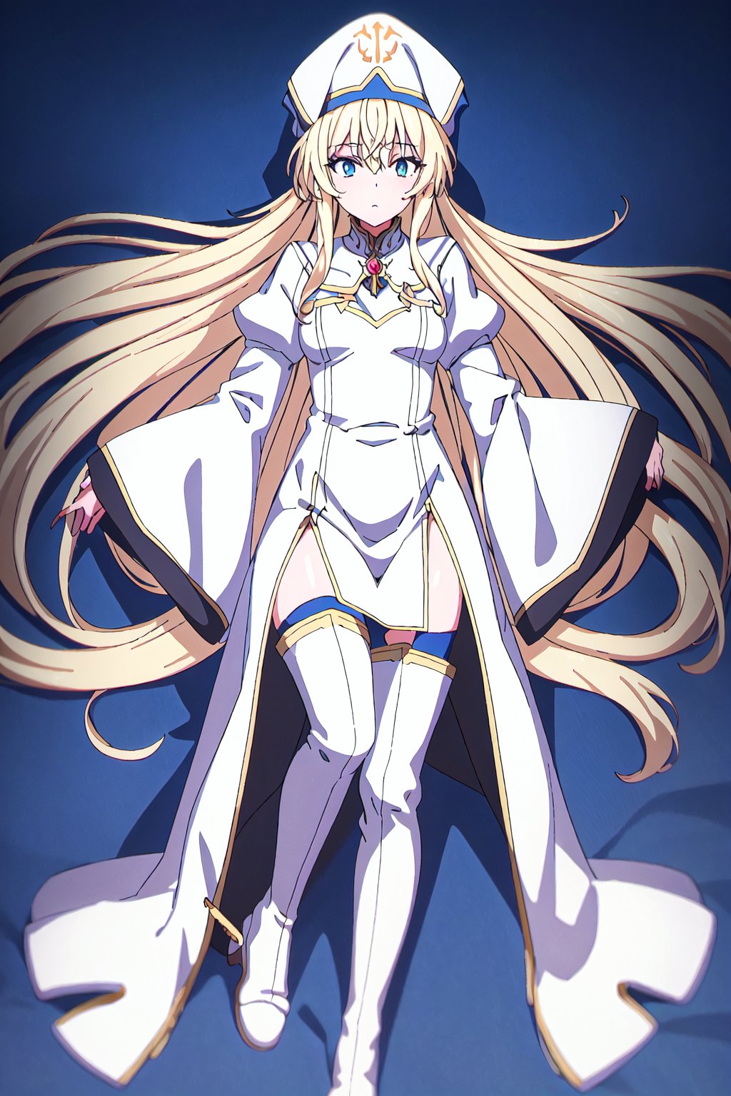 priestess,1girl, long hair, blonde hair, solo, hat, boots, thighhighs, thigh boots, very long hair, white footwear, looking at viewer, long sleeves, white headwear, wide sleeves, lying, breasts, dress, blue eyes, blue eyes, bangs

high quality,best quality,ultra detailed,masterpiece,

