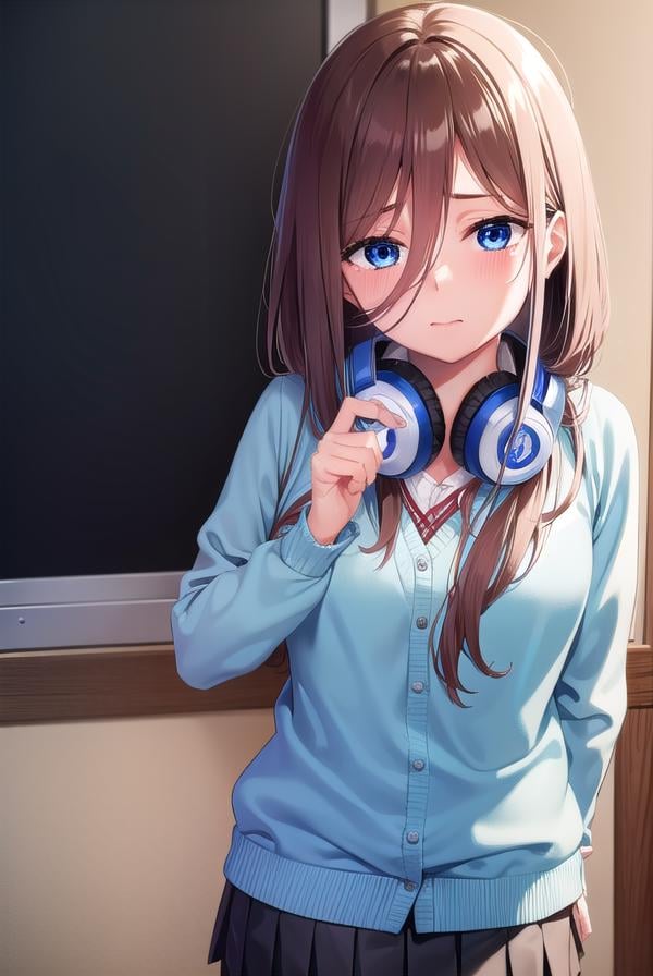 mikunakano, <lora:mikunakano-lora-nochekaiser:1>, miku nakano, long hair, bangs, blue eyes, brown hair, shirt, hair between eyes, headphones, cardigan, headphones around neck, <lora:yudedako_v100:1>, embarrassed,BREAK skirt, shirt, long sleeves, white shirt, pantyhose, pleated skirt, black pantyhose, cardigan, green skirt, blue cardigan,BREAK looking at viewer,BREAK indoors, classroom,BREAK <lyco:GoodHands-beta2:1>, (masterpiece:1.2), best quality, high resolution, unity 8k wallpaper, (illustration:0.8), (beautiful detailed eyes:1.6), extremely detailed face, perfect lighting, extremely detailed CG, (perfect hands, perfect anatomy),