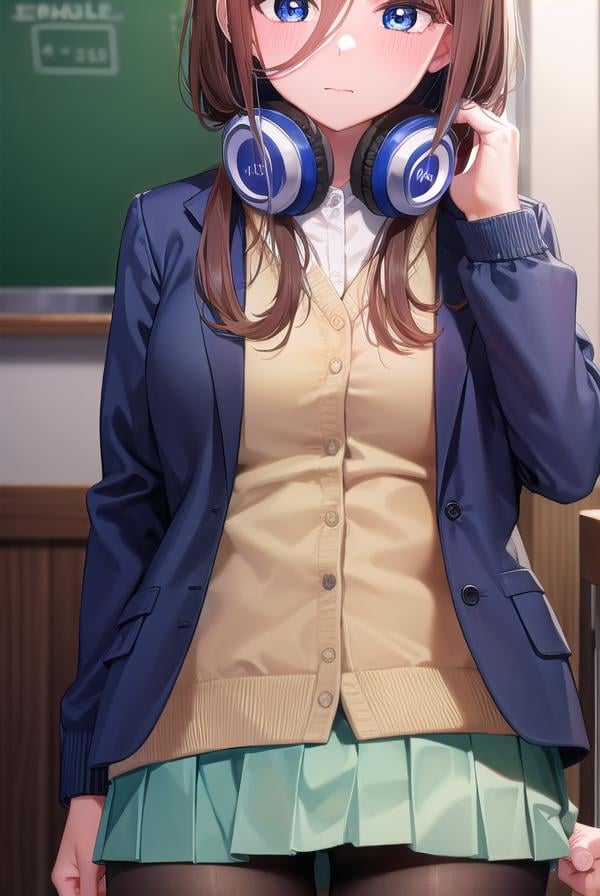 mikunakano, <lora:mikunakano-lora-nochekaiser:1>, miku nakano, long hair, bangs, blue eyes, brown hair, shirt, hair between eyes, headphones, cardigan, headphones around neck, <lora:yudedako_v100:1>, embarrassed,BREAK skirt, shirt, long sleeves, white shirt, pantyhose, pleated skirt, black pantyhose, cardigan, green skirt, blue cardigan,BREAK looking at viewer,BREAK indoors, classroom,BREAK <lyco:GoodHands-beta2:1>, (masterpiece:1.2), best quality, high resolution, unity 8k wallpaper, (illustration:0.8), (beautiful detailed eyes:1.6), extremely detailed face, perfect lighting, extremely detailed CG, (perfect hands, perfect anatomy),