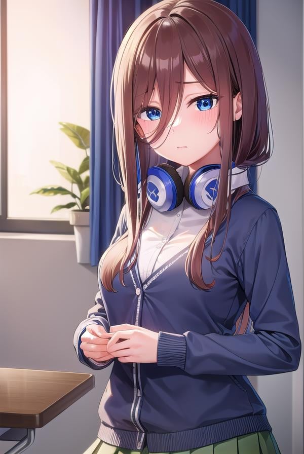 mikunakano, <lora:mikunakano-lora-nochekaiser:1>, miku nakano, long hair, bangs, blue eyes, brown hair, shirt, hair between eyes, headphones, cardigan, headphones around neck, <lora:yudedako_v100:1>, embarrassed,BREAK skirt, shirt, long sleeves, white shirt, pantyhose, pleated skirt, black pantyhose, cardigan, green skirt, blue cardigan,BREAK looking at viewer,BREAK indoors, classroom,BREAK <lyco:GoodHands-beta2:1>, (masterpiece:1.2), best quality, high resolution, unity 8k wallpaper, (illustration:0.8), (beautiful detailed eyes:1.6), extremely detailed face, perfect lighting, extremely detailed CG, (perfect hands, perfect anatomy),