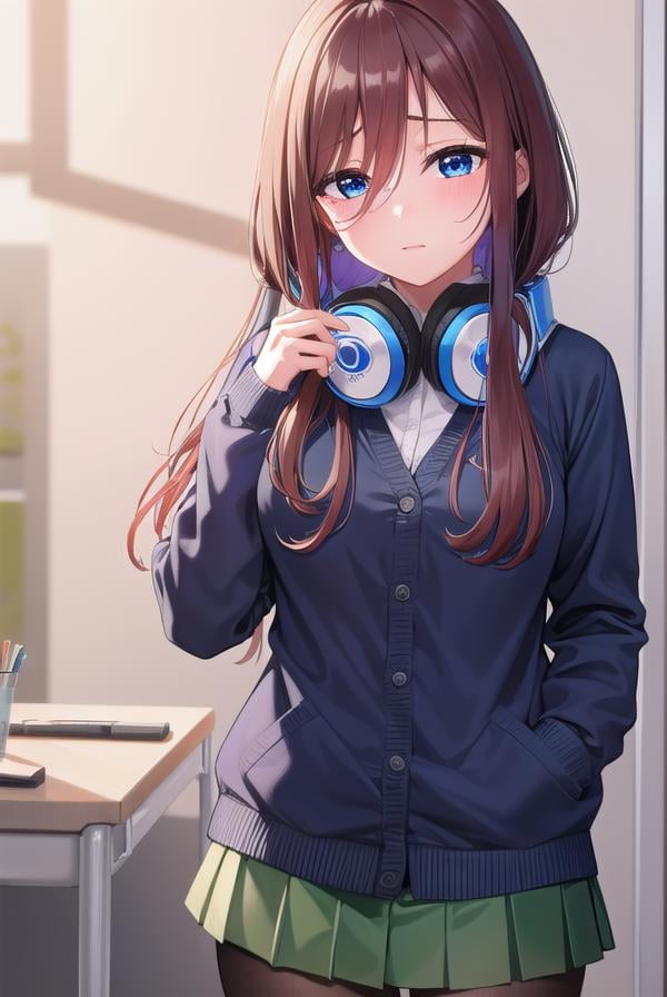 mikunakano, <lora:mikunakano-lora-nochekaiser:1>, miku nakano, long hair, bangs, blue eyes, brown hair, shirt, hair between eyes, headphones, cardigan, headphones around neck, <lora:yudedako_v100:1>, embarrassed,BREAK skirt, shirt, long sleeves, white shirt, pantyhose, pleated skirt, black pantyhose, cardigan, green skirt, blue cardigan,BREAK looking at viewer,BREAK indoors, classroom,BREAK <lyco:GoodHands-beta2:1>, (masterpiece:1.2), best quality, high resolution, unity 8k wallpaper, (illustration:0.8), (beautiful detailed eyes:1.6), extremely detailed face, perfect lighting, extremely detailed CG, (perfect hands, perfect anatomy),