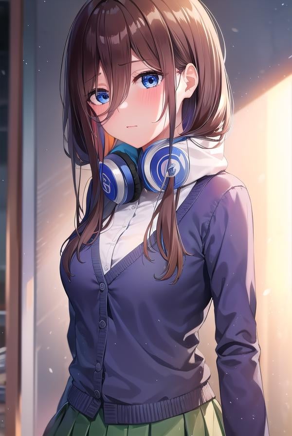 mikunakano, <lora:mikunakano-lora-nochekaiser:1>, miku nakano, long hair, bangs, blue eyes, brown hair, shirt, hair between eyes, headphones, cardigan, headphones around neck, <lora:yudedako_v100:1>, embarrassed,BREAK skirt, shirt, long sleeves, white shirt, pantyhose, pleated skirt, black pantyhose, cardigan, green skirt, blue cardigan,BREAK looking at viewer,BREAK indoors, classroom,BREAK <lyco:GoodHands-beta2:1>, (masterpiece:1.2), best quality, high resolution, unity 8k wallpaper, (illustration:0.8), (beautiful detailed eyes:1.6), extremely detailed face, perfect lighting, extremely detailed CG, (perfect hands, perfect anatomy),