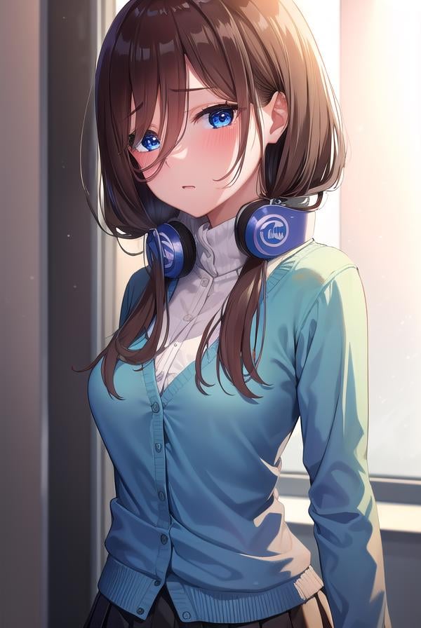 mikunakano, <lora:mikunakano-lora-nochekaiser:1>, miku nakano, long hair, bangs, blue eyes, brown hair, shirt, hair between eyes, headphones, cardigan, headphones around neck, <lora:yudedako_v100:1>, embarrassed,BREAK skirt, shirt, long sleeves, white shirt, pantyhose, pleated skirt, black pantyhose, cardigan, green skirt, blue cardigan,BREAK looking at viewer,BREAK indoors, classroom,BREAK <lyco:GoodHands-beta2:1>, (masterpiece:1.2), best quality, high resolution, unity 8k wallpaper, (illustration:0.8), (beautiful detailed eyes:1.6), extremely detailed face, perfect lighting, extremely detailed CG, (perfect hands, perfect anatomy),