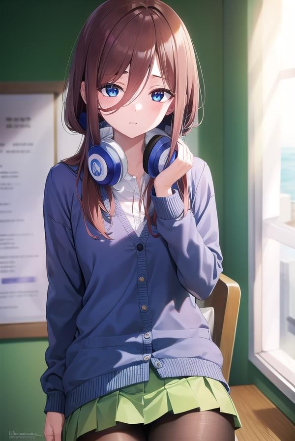 mikunakano, <lora:mikunakano-lora-nochekaiser:1>, miku nakano, long hair, bangs, blue eyes, brown hair, shirt, hair between eyes, headphones, cardigan, headphones around neck,BREAK skirt, shirt, long sleeves, white shirt, pantyhose, pleated skirt, black pantyhose, cardigan, green skirt, blue cardigan,BREAK looking at viewer,BREAK indoors, classroom,BREAK <lyco:GoodHands-beta2:1>, (masterpiece:1.2), best quality, high resolution, unity 8k wallpaper, (illustration:0.8), (beautiful detailed eyes:1.6), extremely detailed face, perfect lighting, extremely detailed CG, (perfect hands, perfect anatomy),