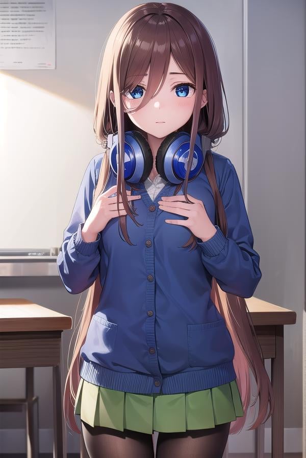 mikunakano, <lora:mikunakano-lora-nochekaiser:1>, miku nakano, long hair, bangs, blue eyes, brown hair, shirt, hair between eyes, headphones, cardigan, headphones around neck,BREAK skirt, shirt, long sleeves, white shirt, pantyhose, pleated skirt, black pantyhose, cardigan, green skirt, blue cardigan,BREAK looking at viewer,BREAK indoors, classroom,BREAK <lyco:GoodHands-beta2:1>, (masterpiece:1.2), best quality, high resolution, unity 8k wallpaper, (illustration:0.8), (beautiful detailed eyes:1.6), extremely detailed face, perfect lighting, extremely detailed CG, (perfect hands, perfect anatomy),