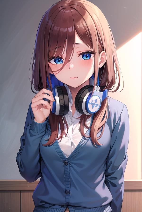 mikunakano, <lora:mikunakano-lora-nochekaiser:1>, miku nakano, long hair, bangs, blue eyes, brown hair, shirt, hair between eyes, headphones, cardigan, headphones around neck, <lora:yudedako_v100:1>, embarrassed,BREAK skirt, shirt, long sleeves, white shirt, pantyhose, pleated skirt, black pantyhose, cardigan, green skirt, blue cardigan,BREAK looking at viewer,BREAK indoors, classroom,BREAK <lyco:GoodHands-beta2:1>, (masterpiece:1.2), best quality, high resolution, unity 8k wallpaper, (illustration:0.8), (beautiful detailed eyes:1.6), extremely detailed face, perfect lighting, extremely detailed CG, (perfect hands, perfect anatomy),