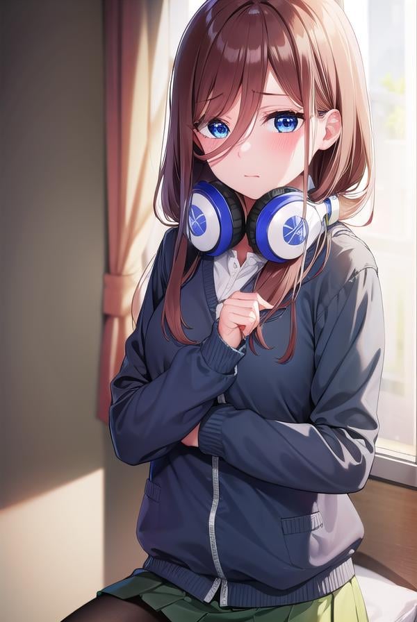 mikunakano, <lora:mikunakano-lora-nochekaiser:1>, miku nakano, long hair, bangs, blue eyes, brown hair, shirt, hair between eyes, headphones, cardigan, headphones around neck, <lora:yudedako_v100:1>, embarrassed,BREAK skirt, shirt, long sleeves, white shirt, pantyhose, pleated skirt, black pantyhose, cardigan, green skirt, blue cardigan,BREAK looking at viewer,BREAK indoors, classroom,BREAK <lyco:GoodHands-beta2:1>, (masterpiece:1.2), best quality, high resolution, unity 8k wallpaper, (illustration:0.8), (beautiful detailed eyes:1.6), extremely detailed face, perfect lighting, extremely detailed CG, (perfect hands, perfect anatomy),