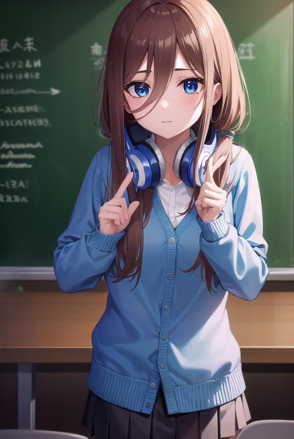 mikunakano, <lora:mikunakano-lora-nochekaiser:1>, miku nakano, long hair, bangs, blue eyes, brown hair, shirt, hair between eyes, headphones, cardigan, headphones around neck,BREAK skirt, shirt, long sleeves, white shirt, pantyhose, pleated skirt, black pantyhose, cardigan, green skirt, blue cardigan,BREAK looking at viewer,BREAK indoors, classroom,BREAK <lyco:GoodHands-beta2:1>, (masterpiece:1.2), best quality, high resolution, unity 8k wallpaper, (illustration:0.8), (beautiful detailed eyes:1.6), extremely detailed face, perfect lighting, extremely detailed CG, (perfect hands, perfect anatomy),