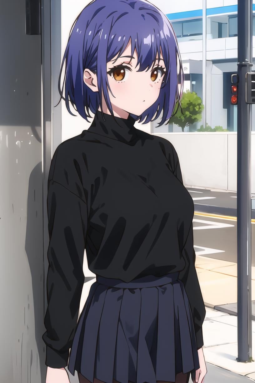 <lora:Suzu_LM:1> Suzudef, brown eyes, short hair, blue hair, 1girl, solo, looking at viewer, black turtleneck shirt, black skirt, standing, upper body,masterpiece, best quality, 