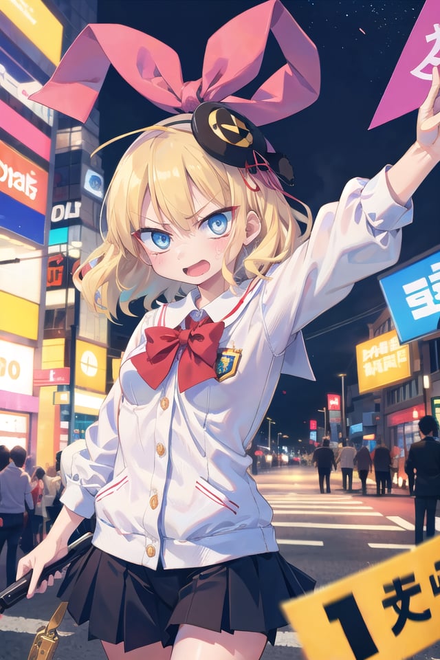 <lora:gekioko_v250:1>insanely detailed, absurdres, ultra-highres, ultra-detailed, best quality,1girl, solo, nice hands, perfect hands,BREAK,(wearing school uniform),angry, open mouth,points to camera, cowboy shot,BREAK,slender, kawaii, perfect symmetrical face, ultra cute girl, ultra cute face, ultra detailed eyes, ultra detailed hair, ultra cute, ultra beautiful,by Canon EOS, SIGMA Art Lens 35mm F1.4, ISO 200 Shutter Speed 2000,in harajuku, shibuya, tokyo, street, crowd, cityscape,medium breasts, ,BREAK,(blonde medium hair, blue eyes), 