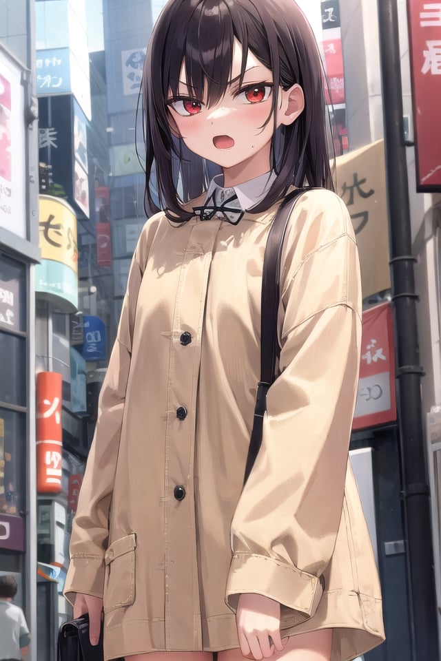 <lora:gekioko_v250:1> (cleavage:-1.5),insanely detailed, absurdres, ultra-highres, ultra-detailed, best quality,1girl, solo, nice hands, perfect hands,BREAK,(wearing harajuku-style coordinate),angry, open mouth,points to camera, cowboy shot,BREAK,slender, kawaii, perfect symmetrical face, ultra cute girl, ultra cute face, ultra detailed eyes, ultra detailed hair, ultra cute, ultra beautiful,by Canon EOS, SIGMA Art Lens 35mm F1.4, ISO 200 Shutter Speed 2000,in harajuku, shibuya, tokyo, street, crowd, cityscape,medium large breasts,BREAK,(black hair, red eyes), hair between eyes