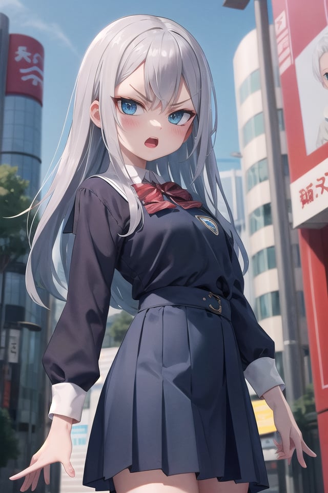 <lora:gekioko_v250:1> (cleavage:-1.5),insanely detailed, absurdres, ultra-highres, ultra-detailed, best quality,1girl, solo, nice hands, perfect hands,BREAK,(wearing school uniform),angry, open mouth,points to camera, cowboy shot,BREAK,slender, kawaii, perfect symmetrical face, ultra cute girl, ultra cute face, ultra detailed eyes, ultra detailed hair, ultra cute, ultra beautiful,by Canon EOS, SIGMA Art Lens 35mm F1.4, ISO 200 Shutter Speed 2000,in harajuku, shibuya, tokyo, street, crowd, cityscape,medium breasts,BREAK,(grey hair, blue eyes), 