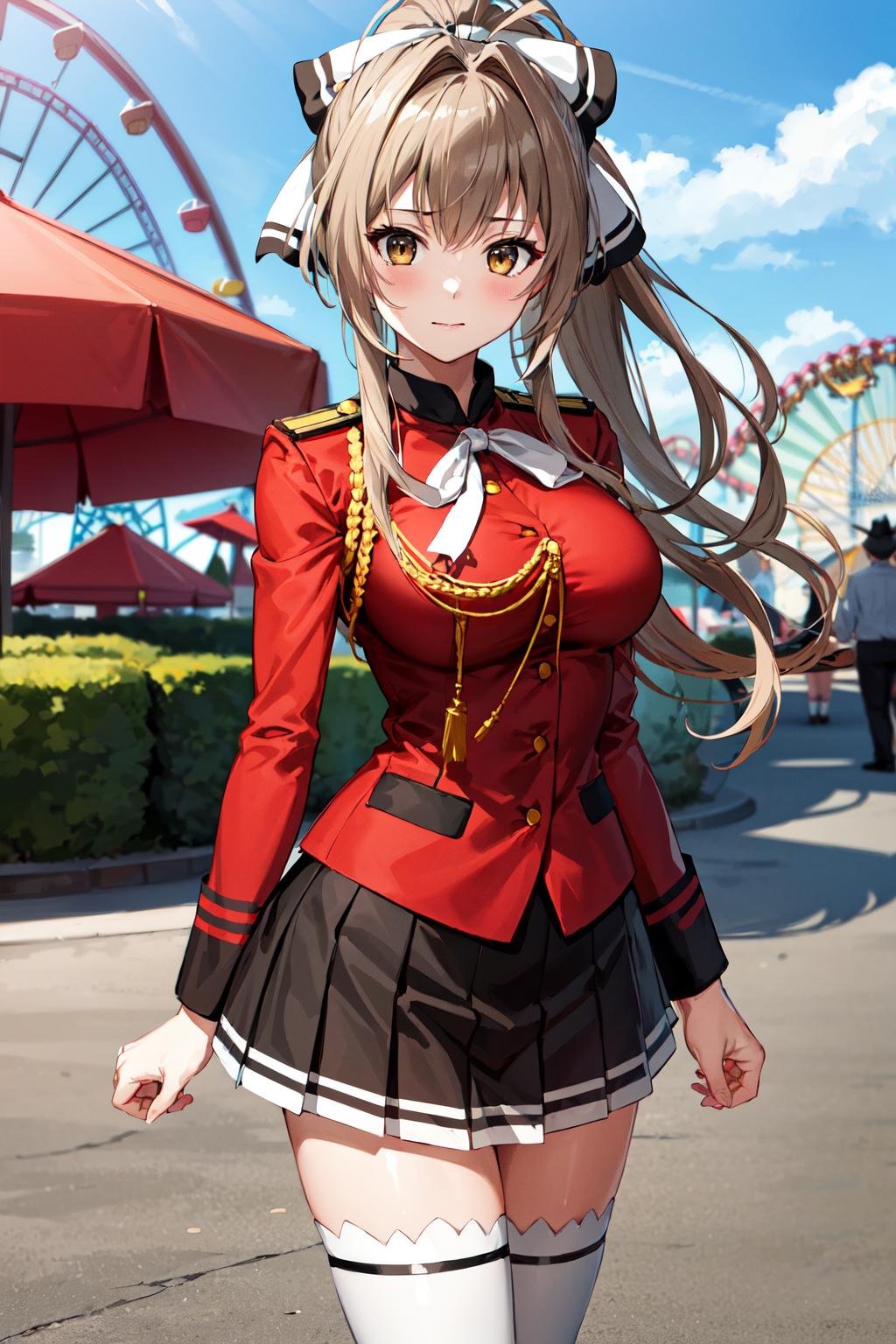 masterpiece, best quality, highres, aaisuzu, 1girl, ponytail, hair bow, brown eyes, uniform, red shirt, aiguillette, black skirt, white thighhighs, <lora:sento_isuzu_v1:0.7>, amusement park, standing, cowboy shot, looking at viewer, arms at sides, 