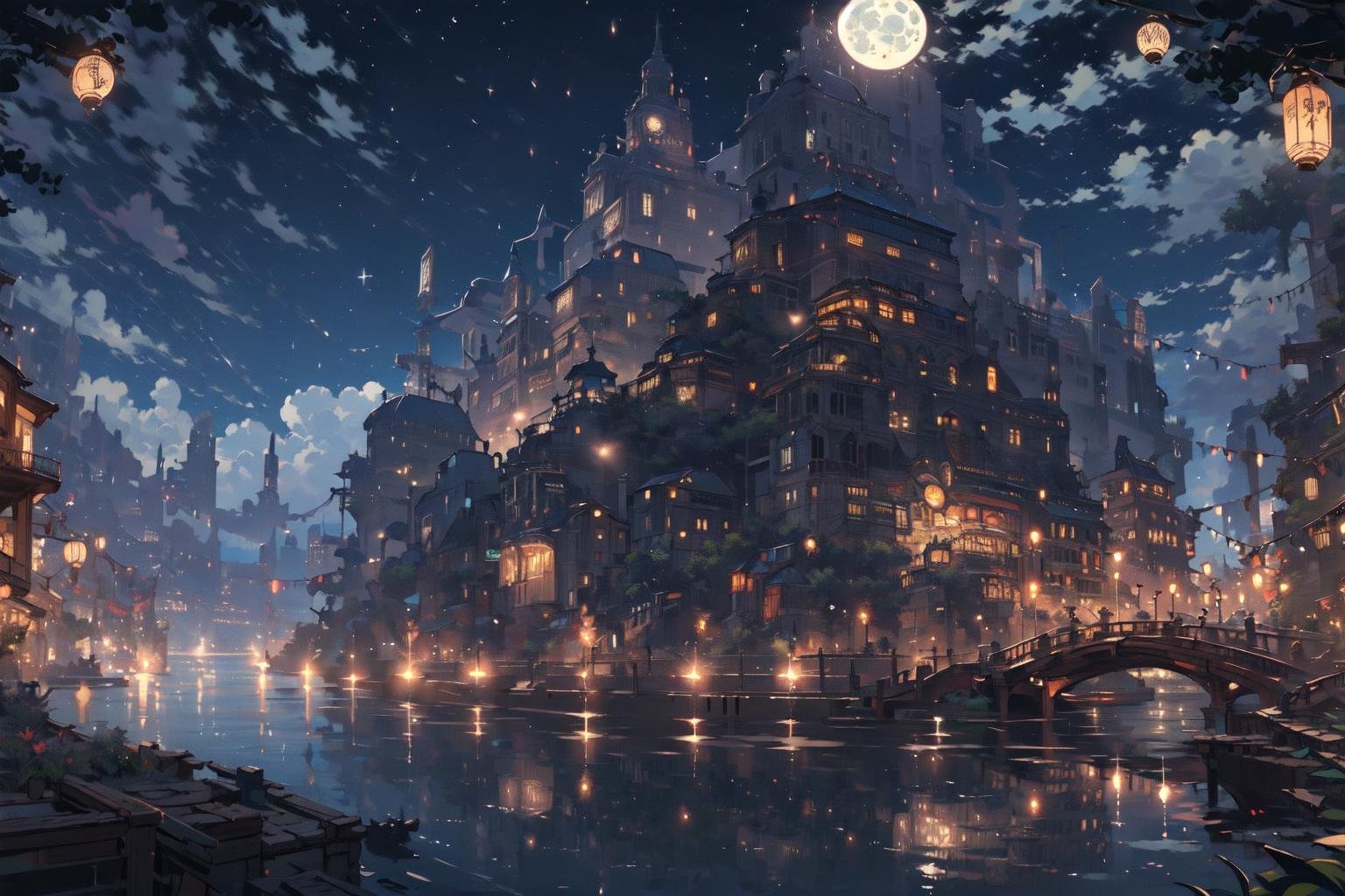 (masterpiece:1.2), best quality,PIXIV, Night scene,scenery, sky, no humans, night, cloud, bridge, city, lantern, building, outdoors, cityscape, water, fantasy, lamppost, railing, lights, city lights, night sky, moon, watercraft, architecture, star (sky), boat, reflection, paper lantern <lora:Night scene_20230715120543-000018:1>