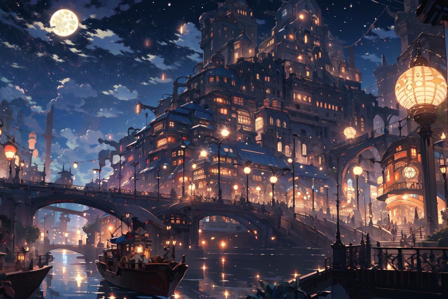 (masterpiece:1.2), best quality,PIXIV, Night scene,scenery, sky, no humans, night, cloud, bridge, city, lantern, building, outdoors, cityscape, water, fantasy, lamppost, railing, lights, city lights, night sky, moon, watercraft, architecture, star (sky), boat, reflection, paper lantern <lora:Night scene_20230715120543:1>