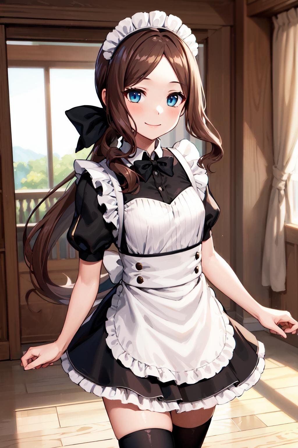 masterpiece, best quality, highres, davinci, ponytail, hair bow, parted bangs, maid headdress, small breasts, maid, black dress, white apron, puffy short sleeves, black thighhighs, <lora:leonardo_da_vinci_(rider)_v1:0.7>, indoors, standing, smile, cowboy shot, arms at sides, straight-on, 