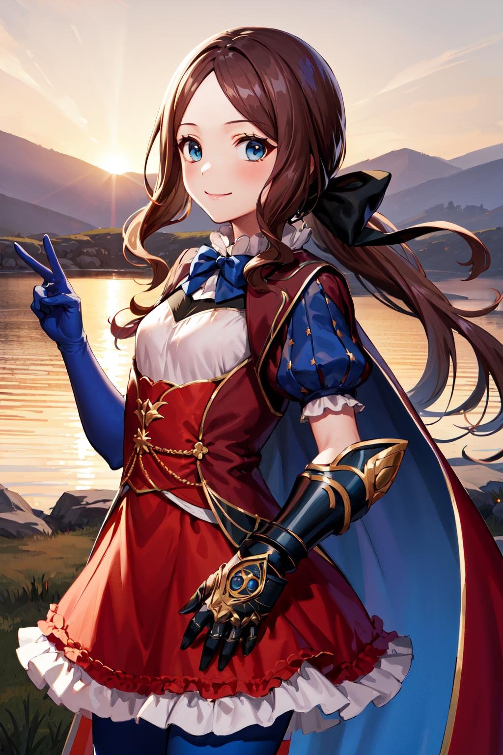 masterpiece, best quality, highres, davinci, ponytail, hair bow, parted bangs, small breasts, blue bow, single gauntlet, cape, red skirt, puffy short sleeves, blue gloves, blue pantyhose, <lora:leonardo_da_vinci_(rider)_v1:0.7>, cowboy shot, standing, outdoors, smile,