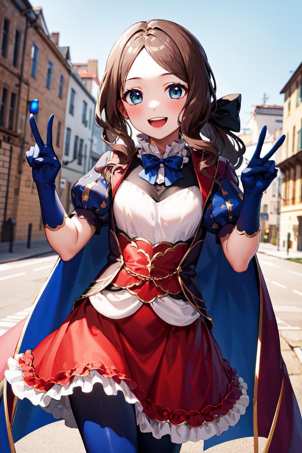 masterpiece, best quality, highres, davinci, ponytail, hair bow, parted bangs, small breasts, blue bow, cape, puffy short sleeves, blue gloves, red skirt, blue pantyhose, <lora:leonardo_da_vinci_(rider)_v1:0.7>, upper teeth, smile, v, peace sign, outdoors