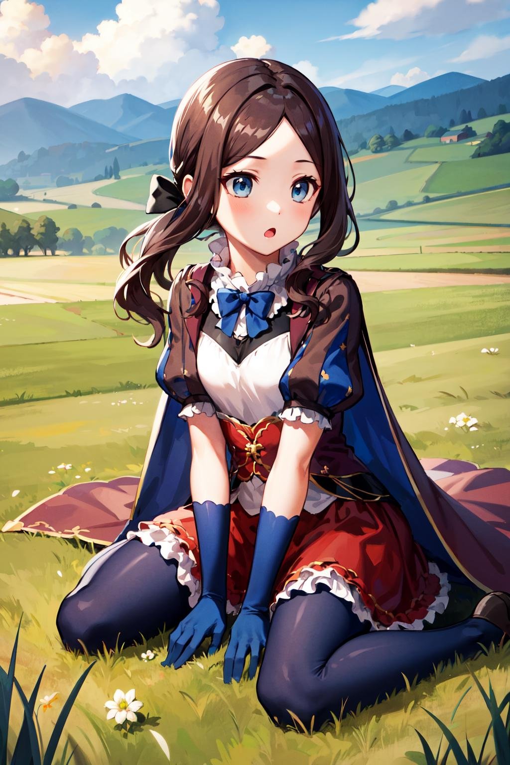 masterpiece, best quality, highres, davinci, ponytail, hair bow, parted bangs, small breasts, blue bow, cape, puffy short sleeves, blue gloves, red skirt, blue pantyhose, <lora:leonardo_da_vinci_(rider)_v1:0.7>, outdoors, :o, field, grass, wariza