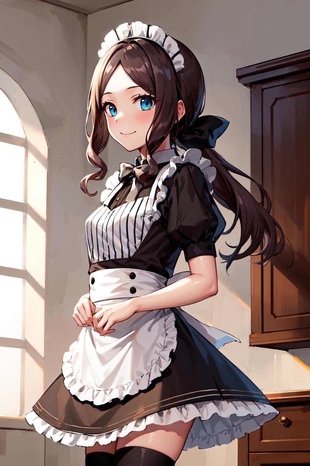 masterpiece, best quality, highres, davinci, ponytail, hair bow, parted bangs, maid headdress, small breasts, maid, black dress, white apron, puffy short sleeves, black thighhighs, <lora:leonardo_da_vinci_(rider)_v1:0.7>, indoors, standing, smile, cowboy shot, arms at sides, straight-on, 