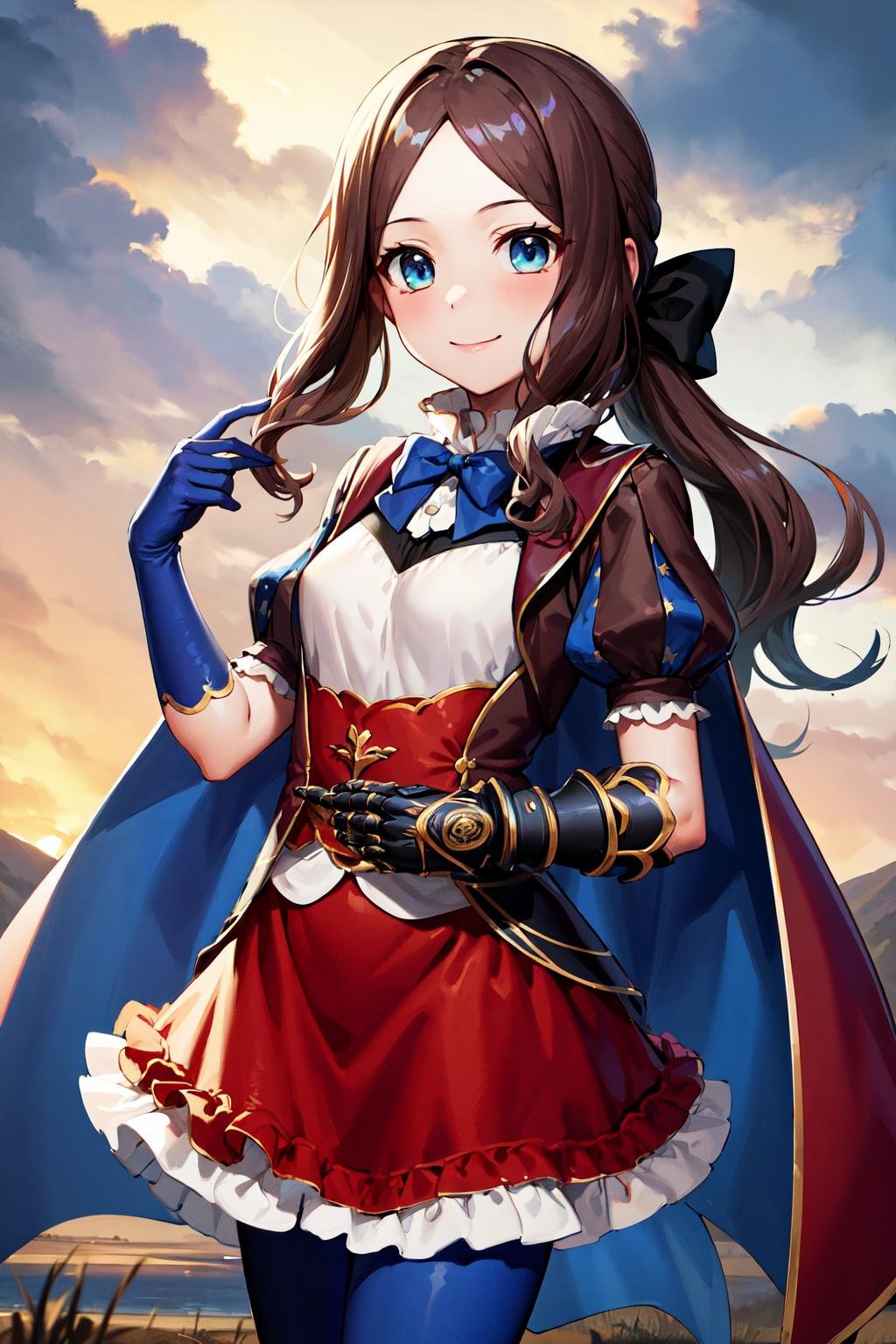 masterpiece, best quality, highres, davinci, ponytail, hair bow, parted bangs, small breasts, blue bow, single gauntlet, cape, red skirt, puffy short sleeves, blue gloves, blue pantyhose, <lora:leonardo_da_vinci_(rider)_v1:0.7>, cowboy shot, standing, outdoors, smile,