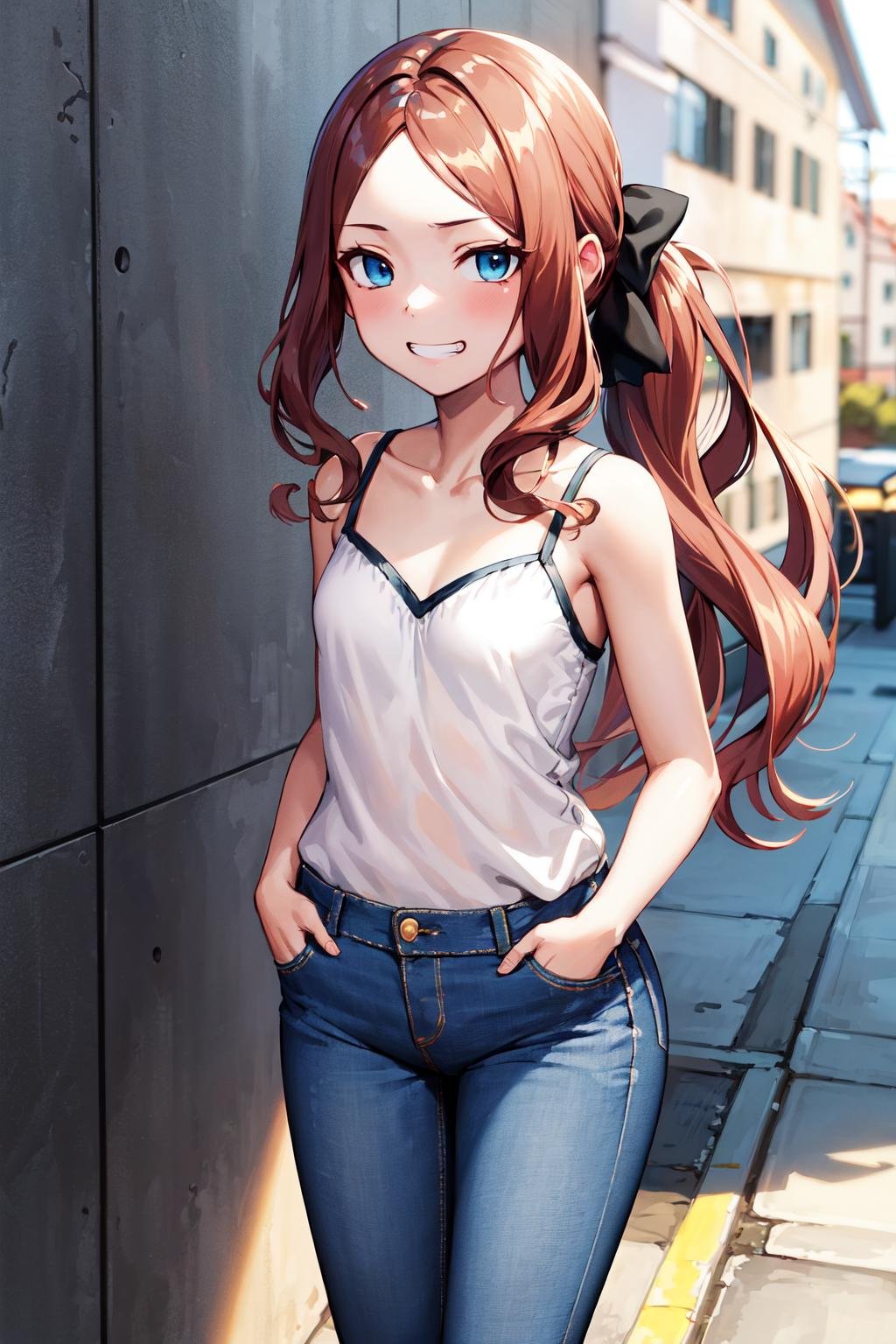 masterpiece, best quality, highres, davinci, ponytail, hair bow, parted bangs, small breasts, <lora:leonardo_da_vinci_(rider)_v1:0.7>, white camisole, jeans, evil grin, hands in pockets, street