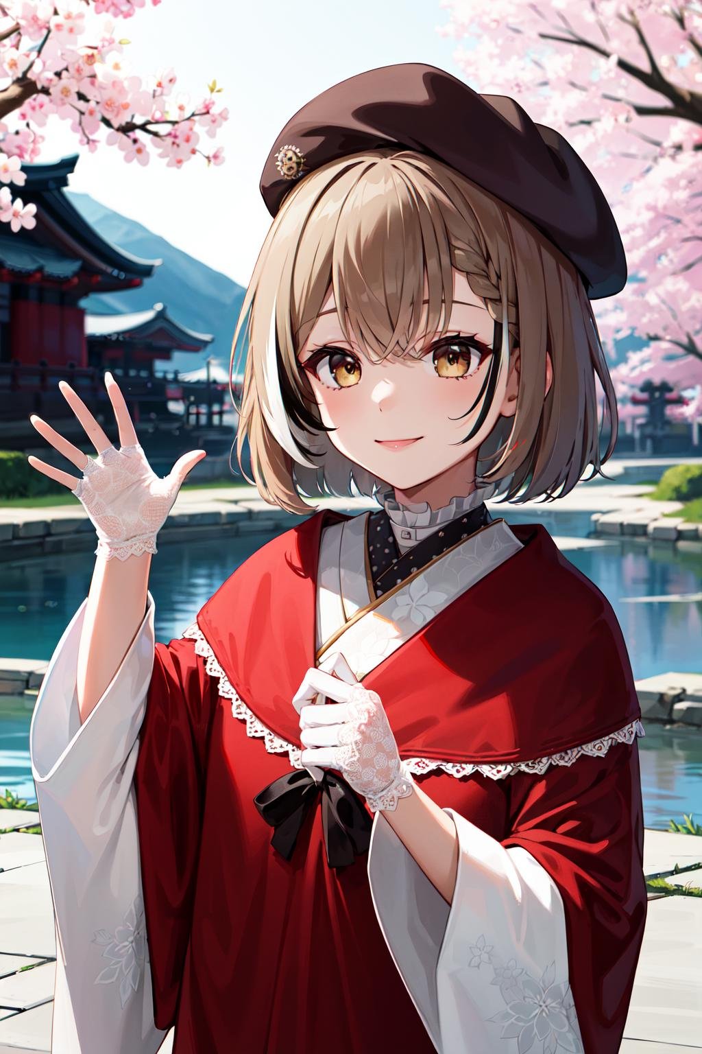 masterpiece, best quality, highres, bbmumei, short hair, multicolored hair, braid, hat, beret, japanese clothes, white kimono, print kimono, floral print, shawl, ribbon, white gloves, lace gloves, wide sleeves, <lora:nanashi_mumei_v1:0.9>, outdoor, stangding, reaching out, smile,
