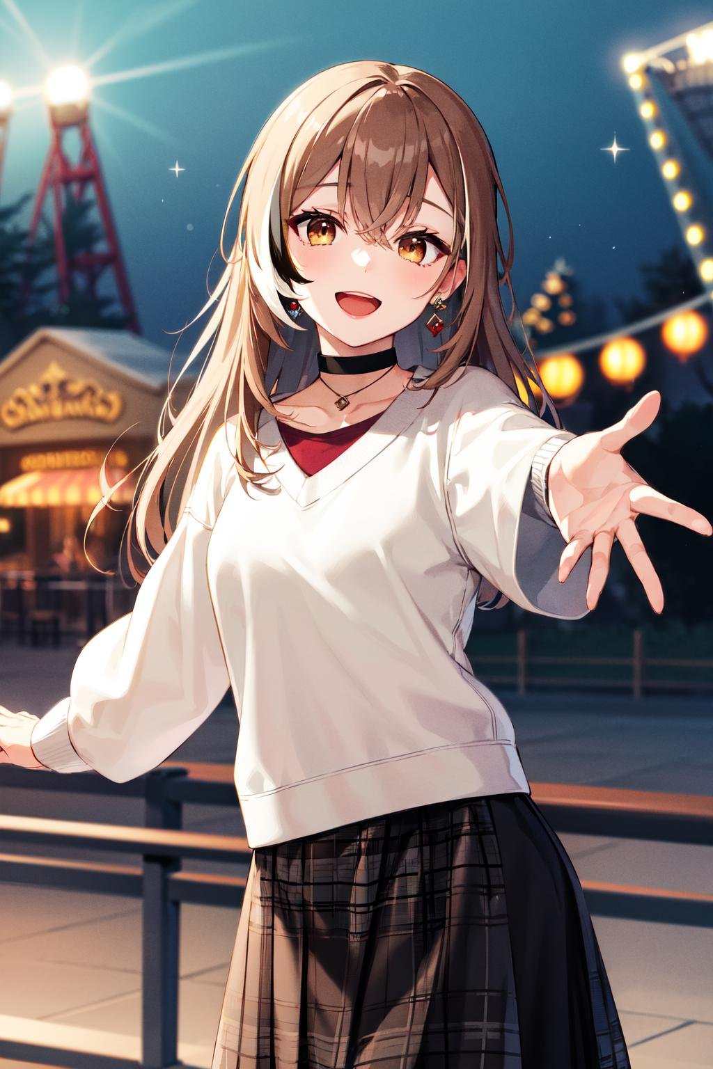 masterpiece, best quality, highres, bbmumei, long hair, multicolored hair, jewelry, earrings, shirt, sweater, long sleeves, plaid, black choker, black skirt, long skirt, <lora:nanashi_mumei_v1:0.9>, amusement park, cowboy shot, standing, smile, open mouth, outstretched arm, 