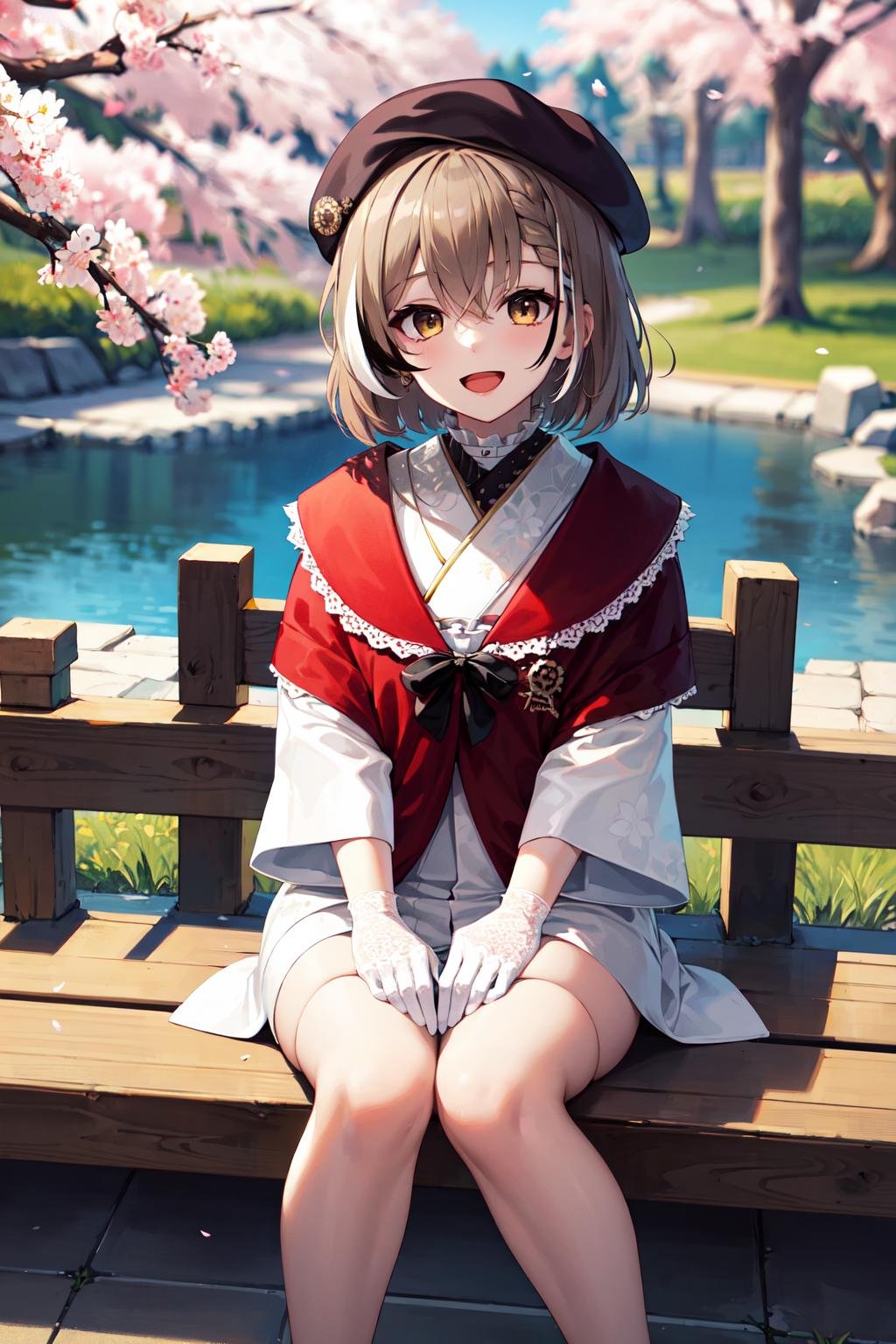 masterpiece, best quality, highres, bbmumei, short hair, multicolored hair, braid, hat, beret, japanese clothes, white kimono, print kimono, floral print, shawl, ribbon, white gloves, lace gloves, wide sleeves, <lora:nanashi_mumei_v1:0.9>, outdoor, sitting, cherry blossoms, smile, open mouth,