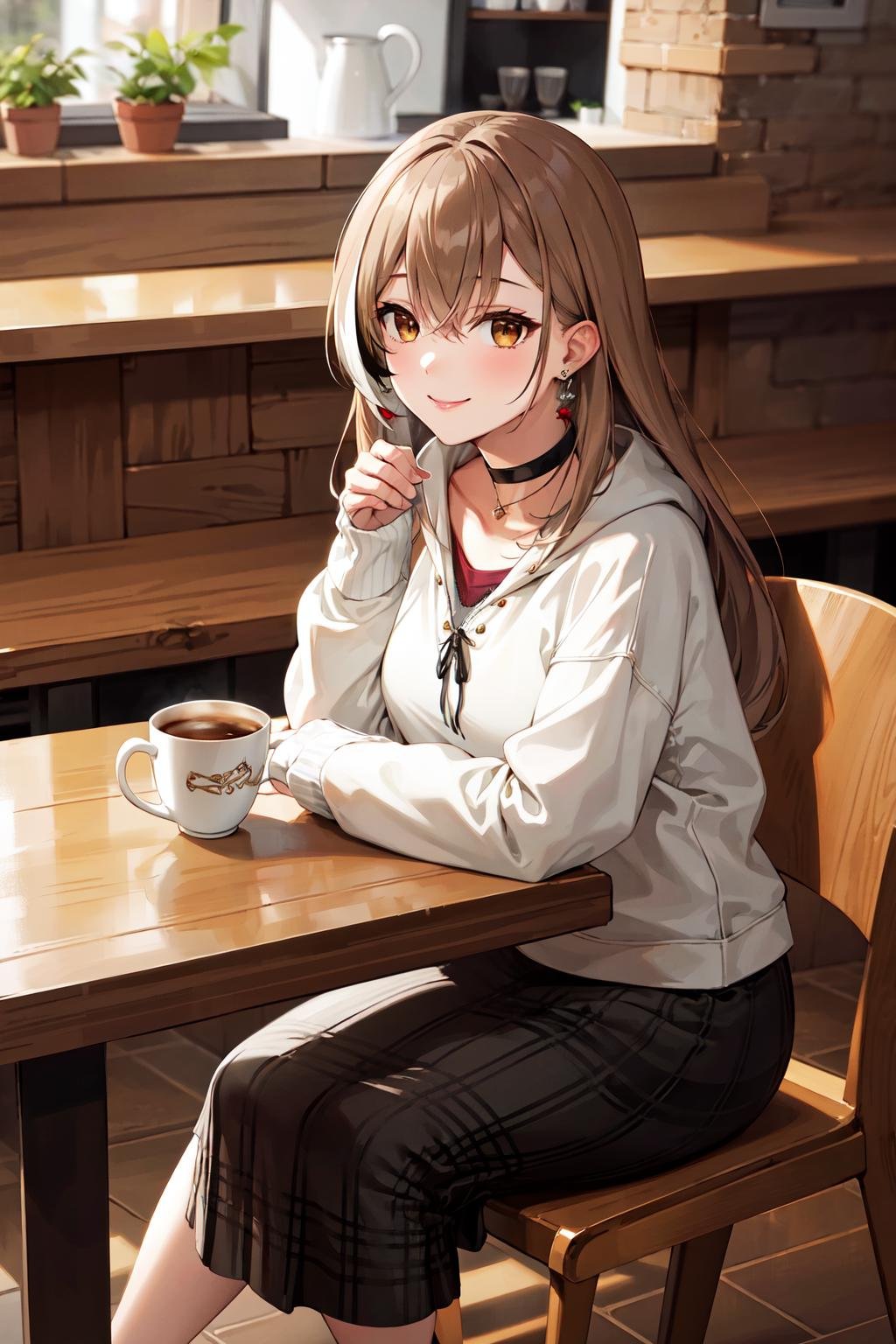 masterpiece, best quality, highres, bbmumei, long hair, multicolored hair, jewelry, earrings, shirt, hoodie, long sleeves, plaid, black choker, black skirt, long skirt, <lora:nanashi_mumei_v1:0.9>, indoors, cafe, sitting, table, coffee mug, smile